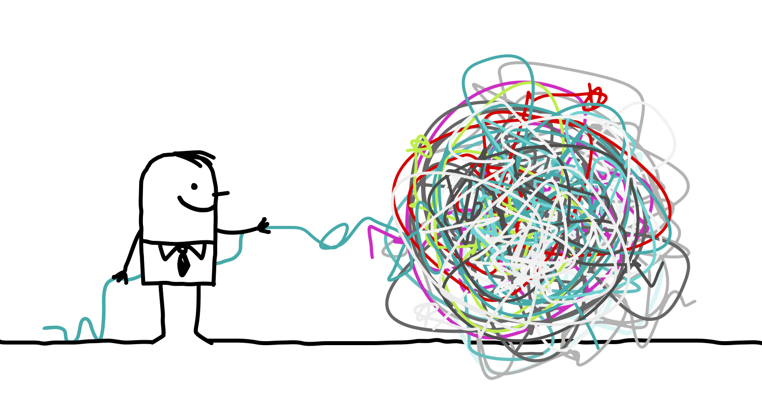 man with a tangled mess ball